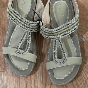 Beige and Gold Sandals with Braided Detail